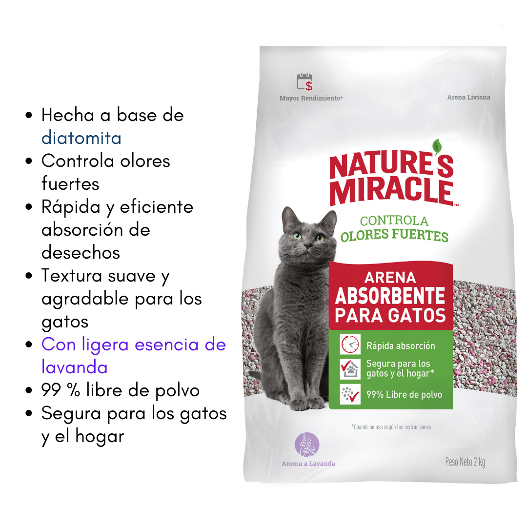 Nature's Miracle Arena Absorbente para Gatos Aroma Lavanda Control de Olores Fuertes 2Kg