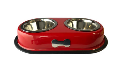 Grand Pet Elite - Tazón Doble de Acero Inoxidable Rojo Diseño Hueso