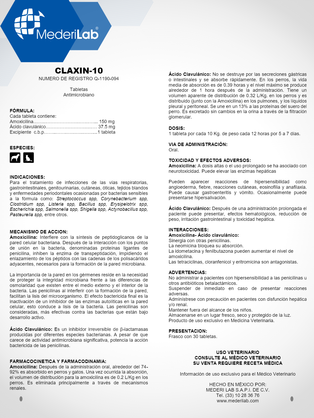CLAXIN-10 TABLETAS MEDERILAB