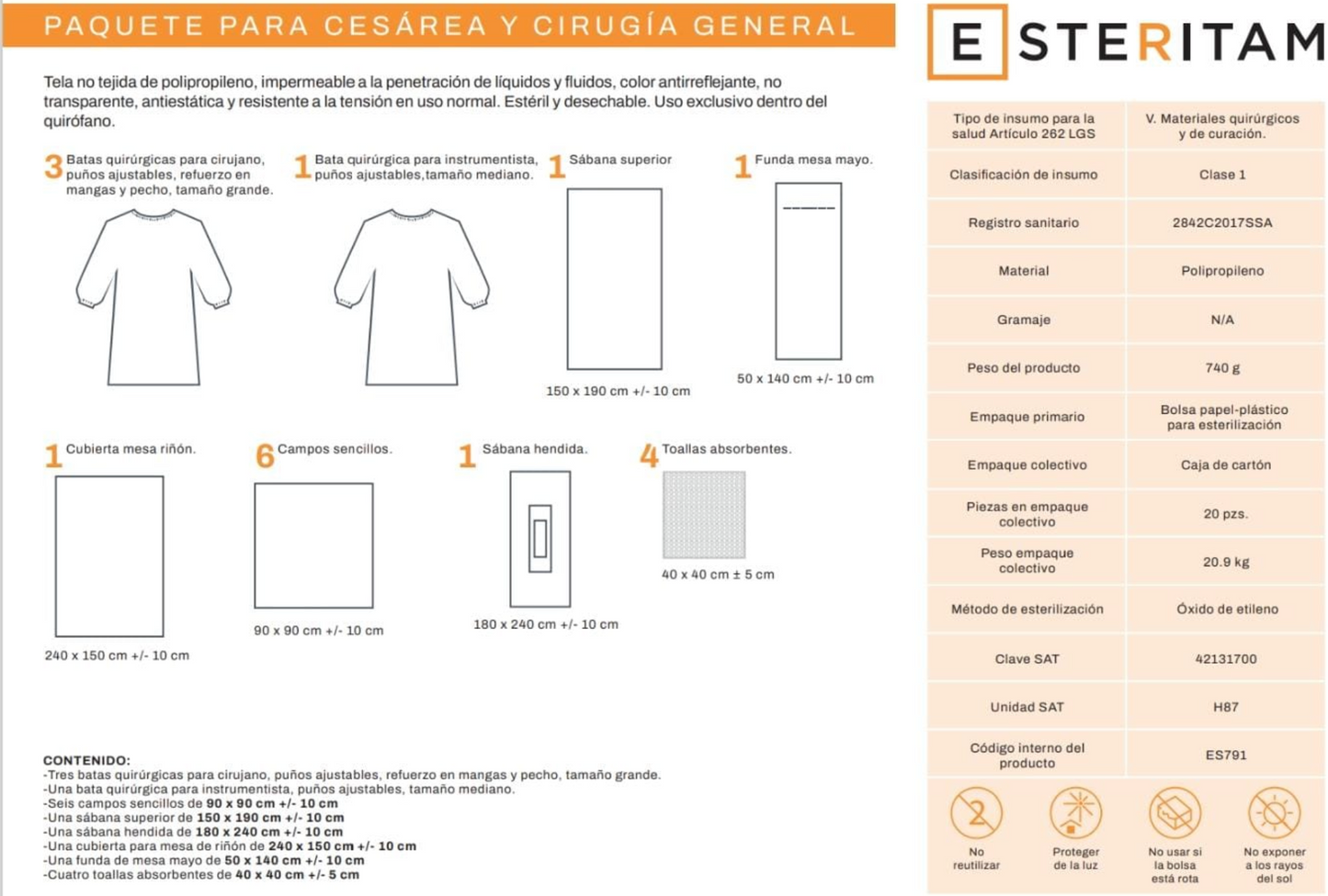 Paquete quirúrgico para ortopedia veterinaria tipo "Cesárea" ESTERITAM
