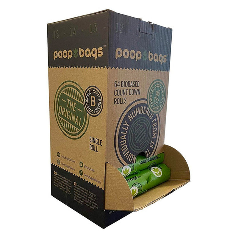 Poop Bags Dispensador con 64 rollos para venta individual. Incluye 960 bolsas biodegradables para desechos de perros.
